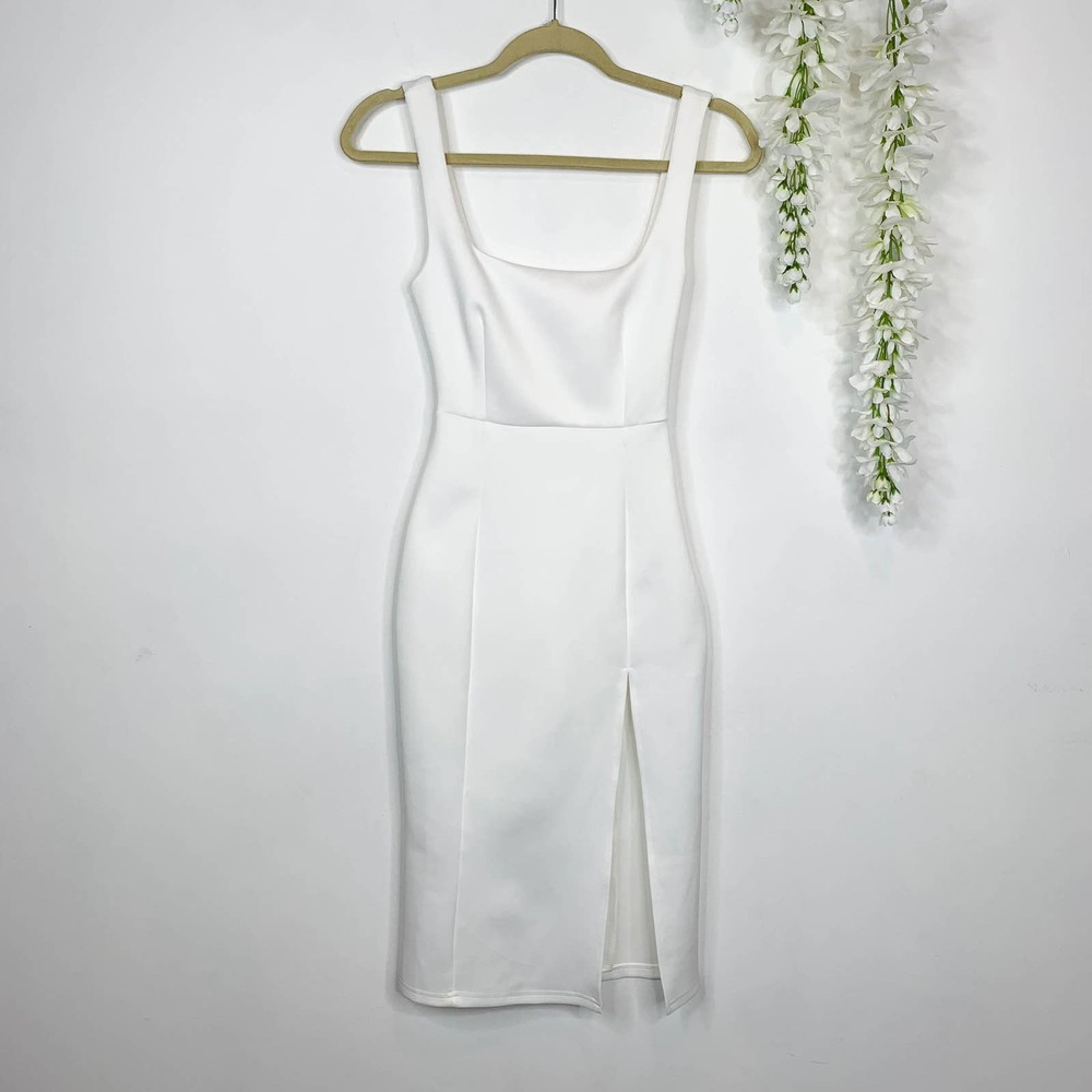 NWT SHOWPO. Mini Love Dress y2k bodycon white dress 90s square neck thigh slit